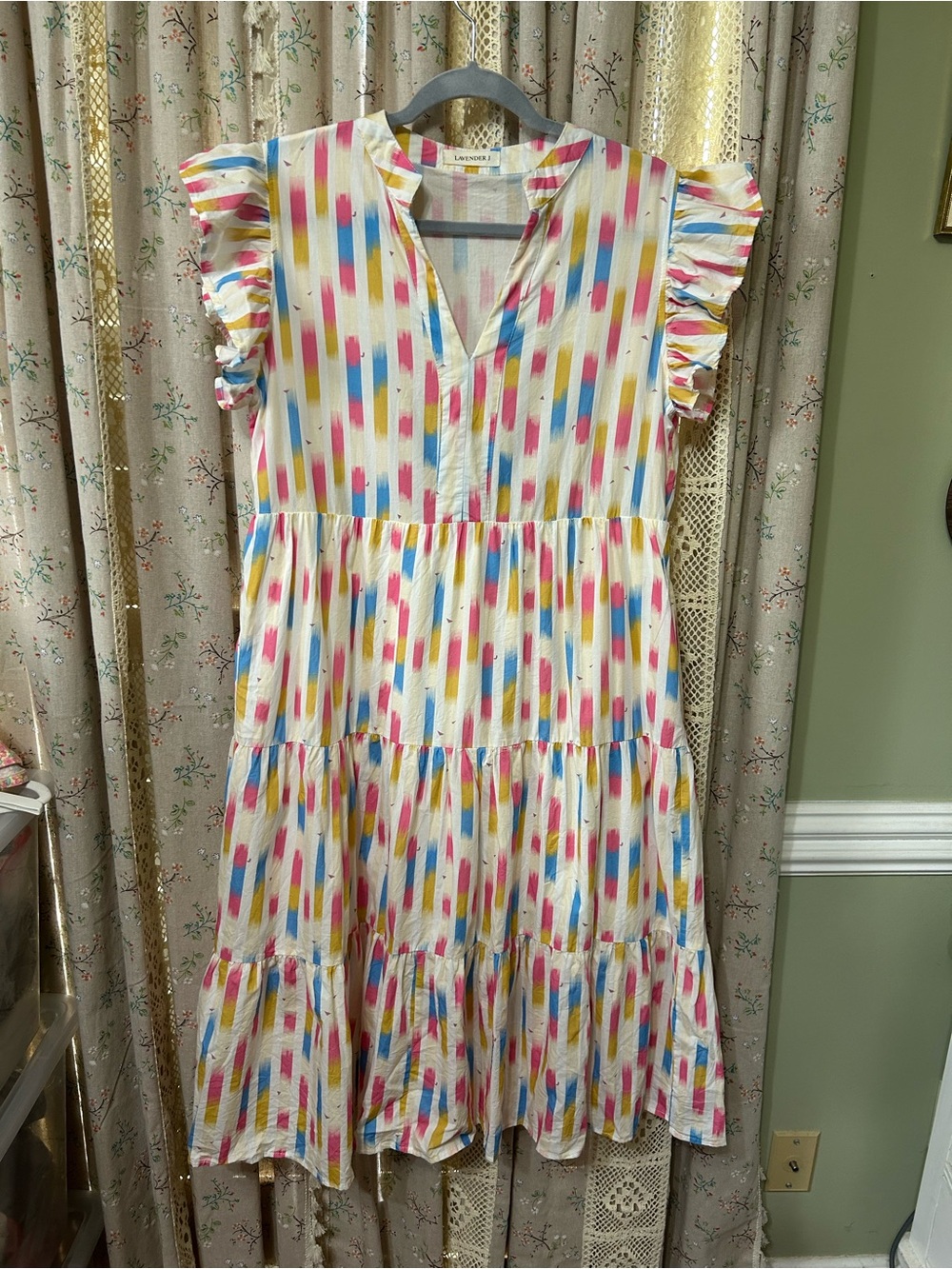Lavender J Colorful Ikat Print Tiered Ruffle Sleeve Cotton Dress Medium EUC